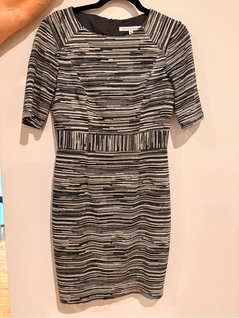 Trina Turk Black and White Striped Midi Sheath Dress
